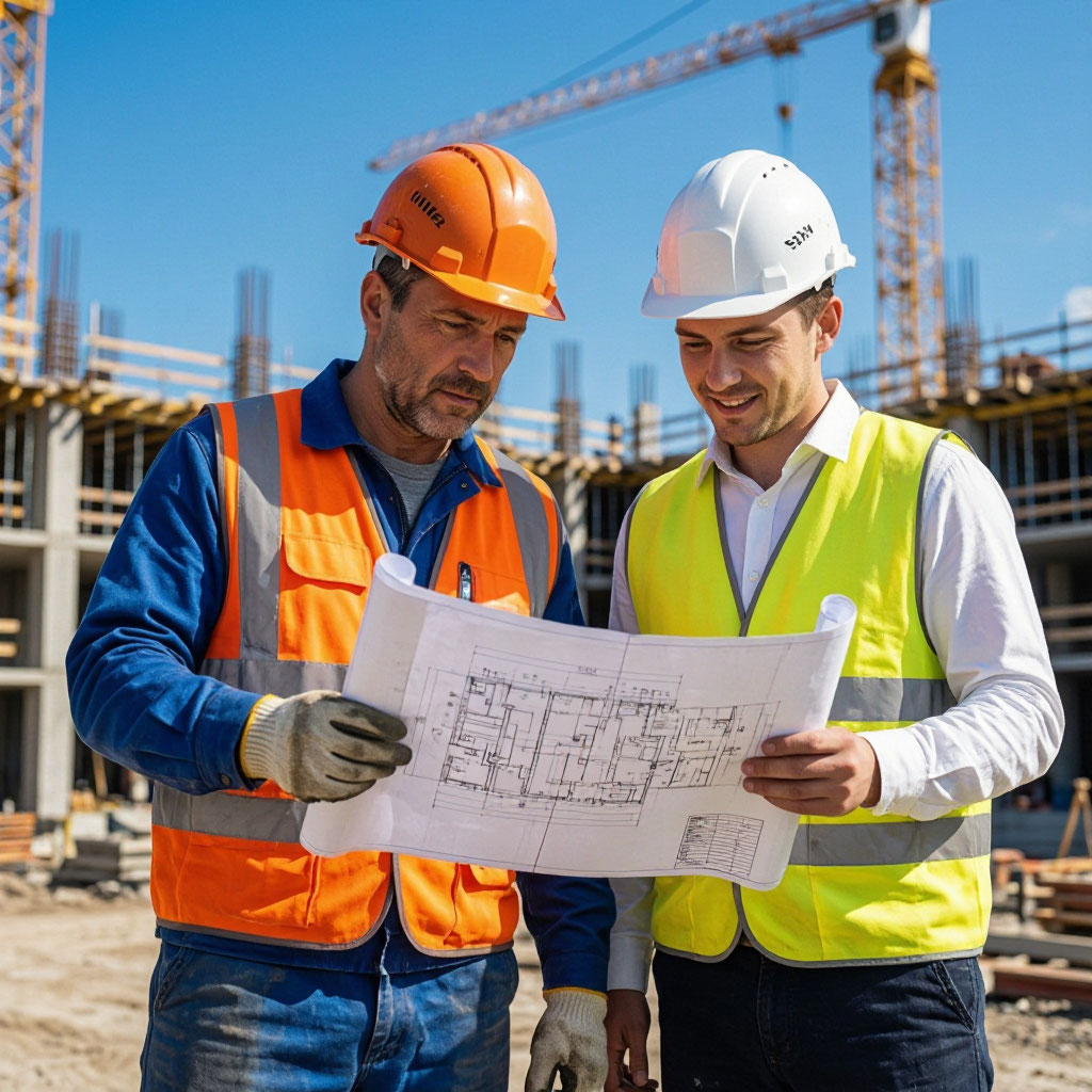 Construction crew reviewing plans